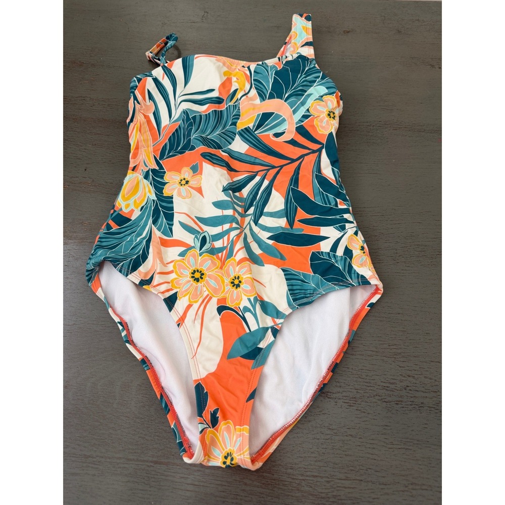Jantzen Womens Tropical Floral One Shoulder One Piece Swimsuit Orange Teal 10